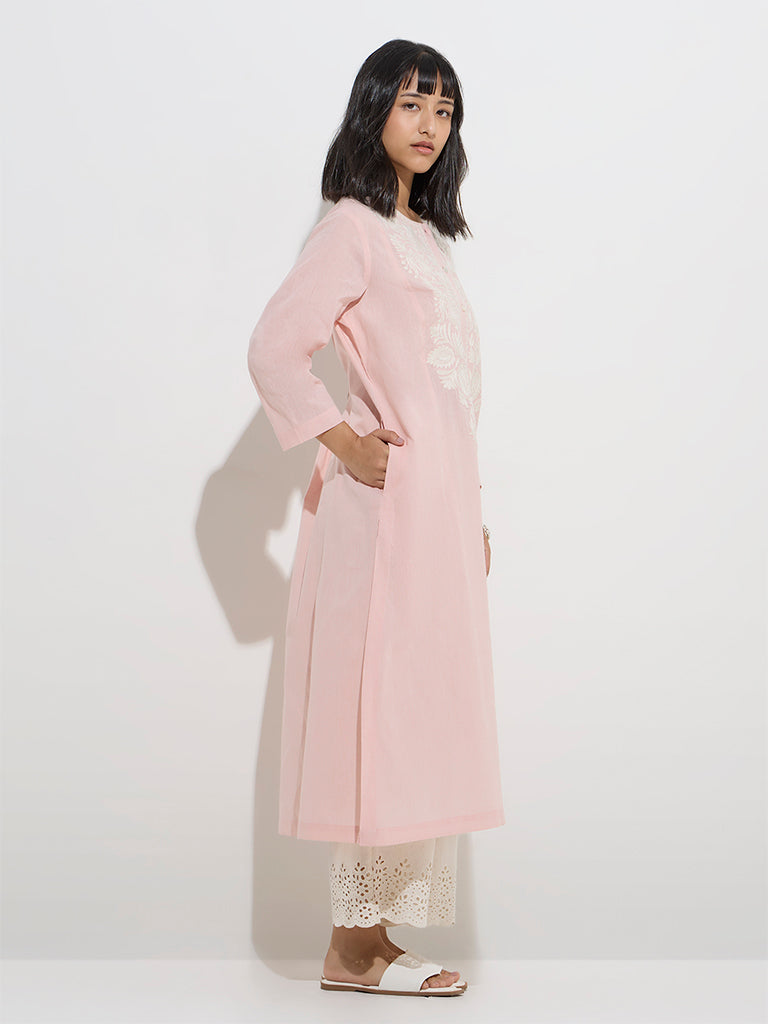 Utsa Light Pink Floral Embroidered Cotton A-Line Kurta
