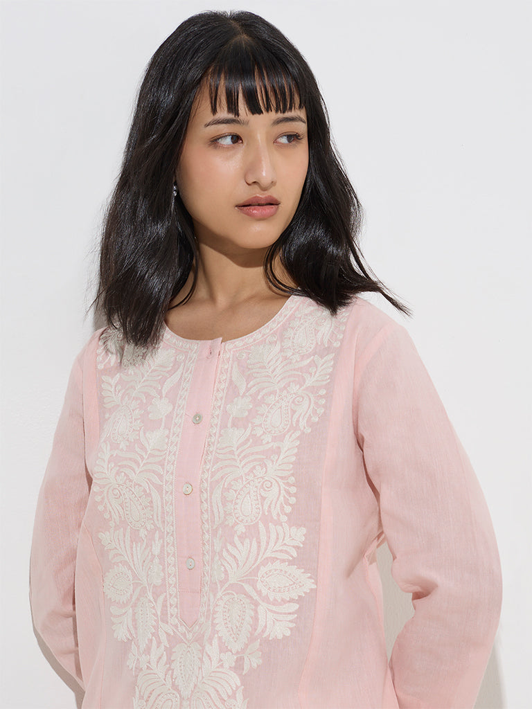 Utsa Light Pink Floral Embroidered Cotton A-Line Kurta