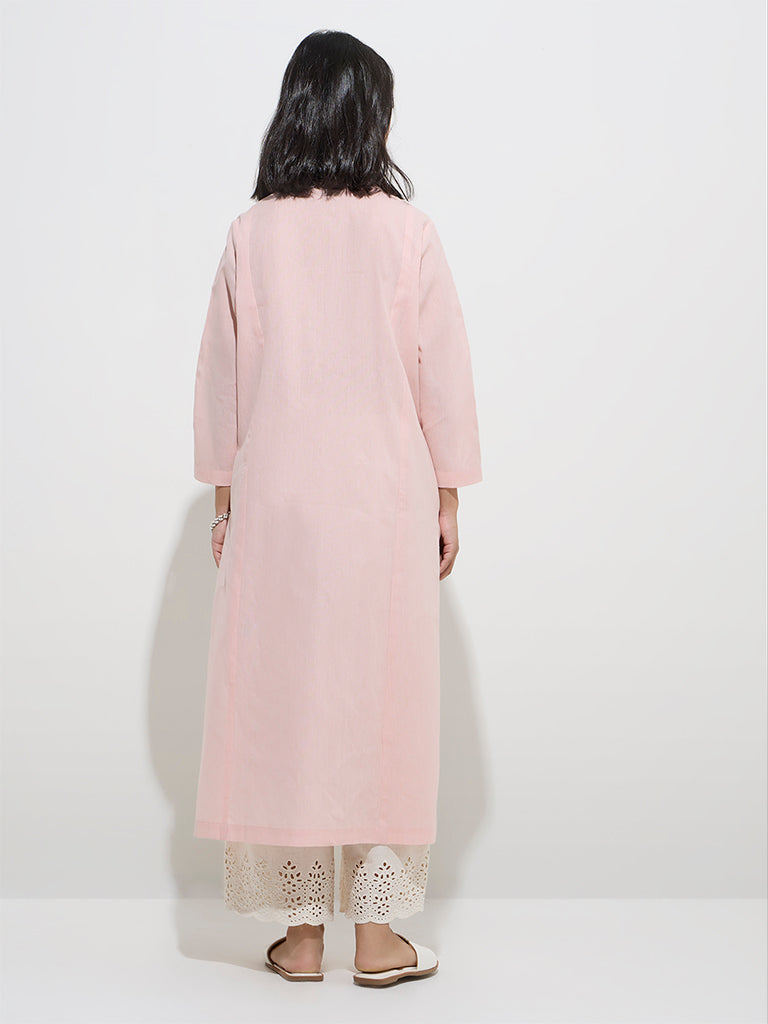 Westside Utsa Women's Light Pink Floral Embroidered Cotton A-Line Kurta for Work Wear Back View