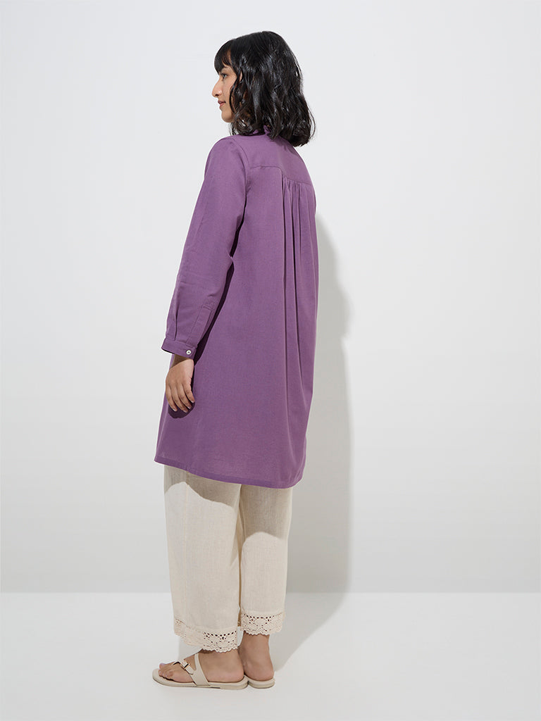 Westside Utsa Women's Violet Floral Embroidered Cotton-Blend Kurta for Work Wear Back View