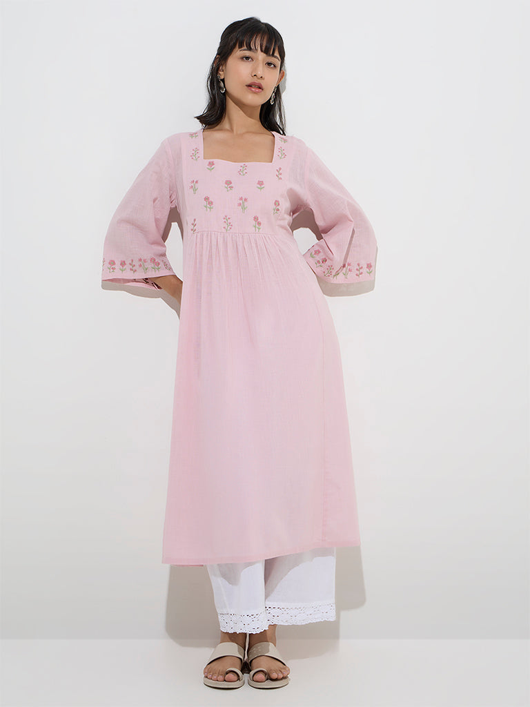 Utsa Pink Floral Embroidered Cotton A-Line Kurta