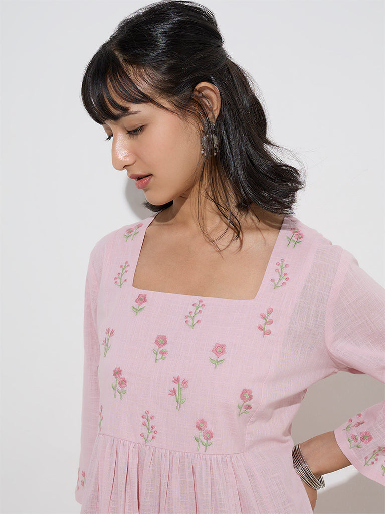 Utsa Pink Floral Embroidered Cotton A-Line Kurta