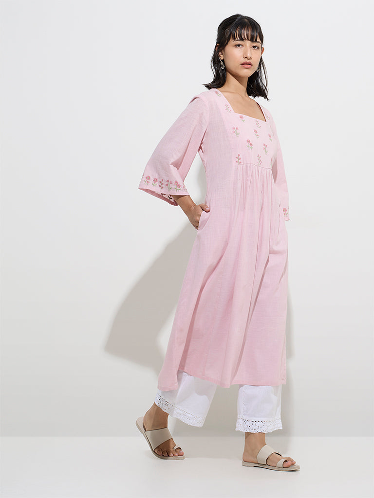 Utsa Pink Floral Embroidered Cotton A-Line Kurta
