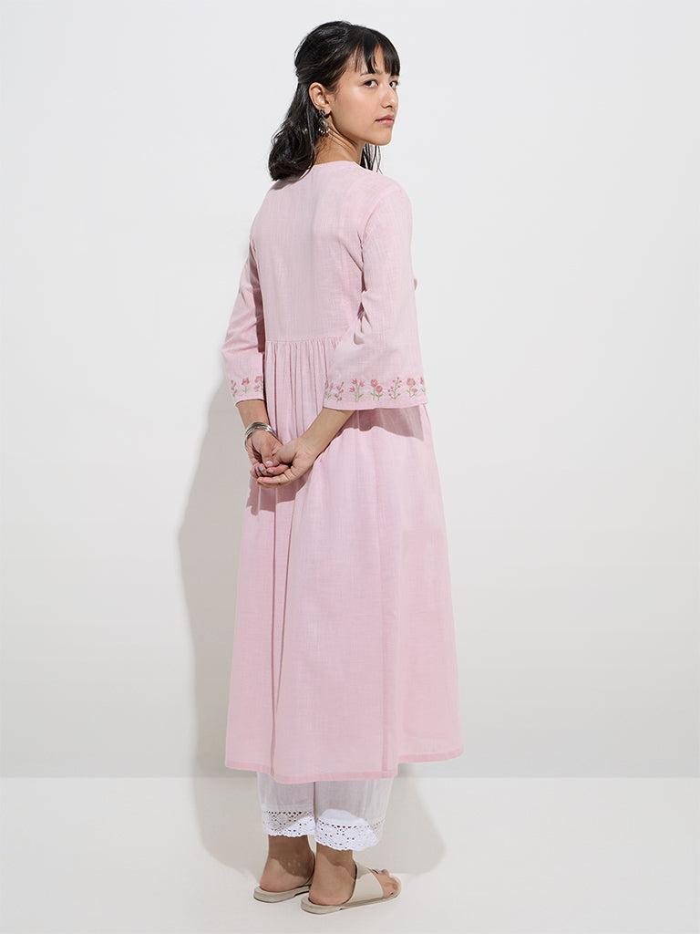 Utsa Pink Floral Embroidered Cotton A-Line Kurta