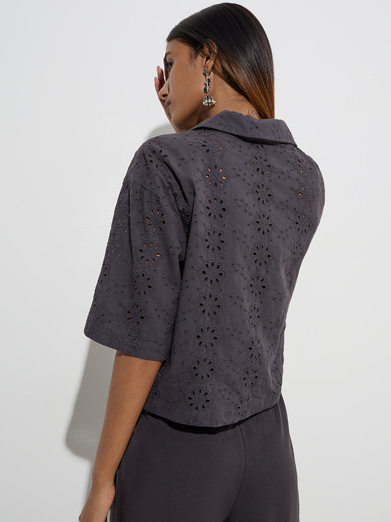 Westside Utsa Women's Charcoal Floral Schiffli Detailed Cotton Ethnic Shirt for Work Wear Back View