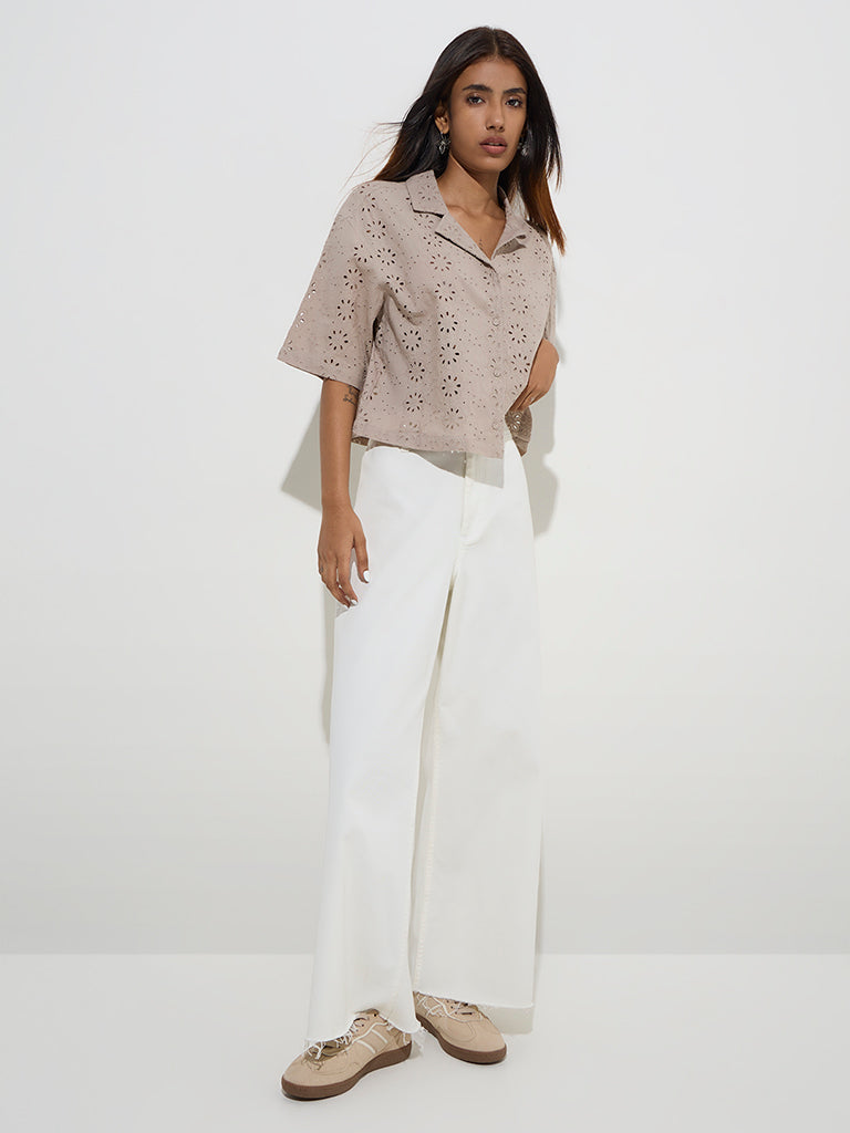 Utsa Beige Floral Schiffli Detailed Cotton Ethnic Shirt