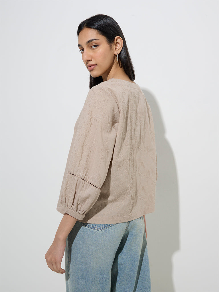 Westside Utsa Women's Taupe Botanical Embroidered Cotton Ethnic Top for Work Wear Back View