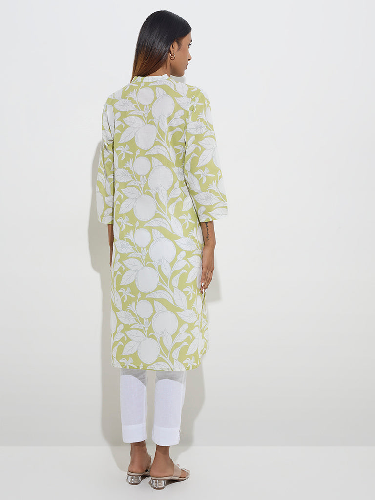 Westside Utsa Women's Green Fruit Printed Straight Cotton Kurta for Everyday Back View