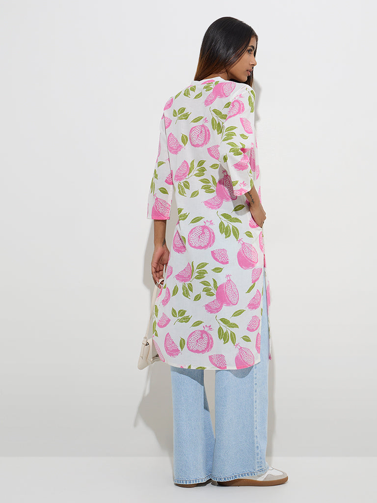 Westside Utsa Women's Pink Fruit Design Straight Cotton Kurta for Everyday Back View