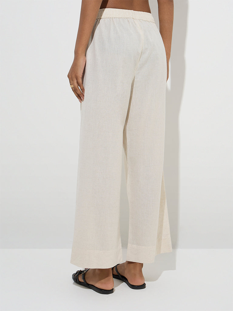 Westside Utsa Women's Off-White Embroidered Cotton-Blend Ethnic Pants for Everyday Back View
