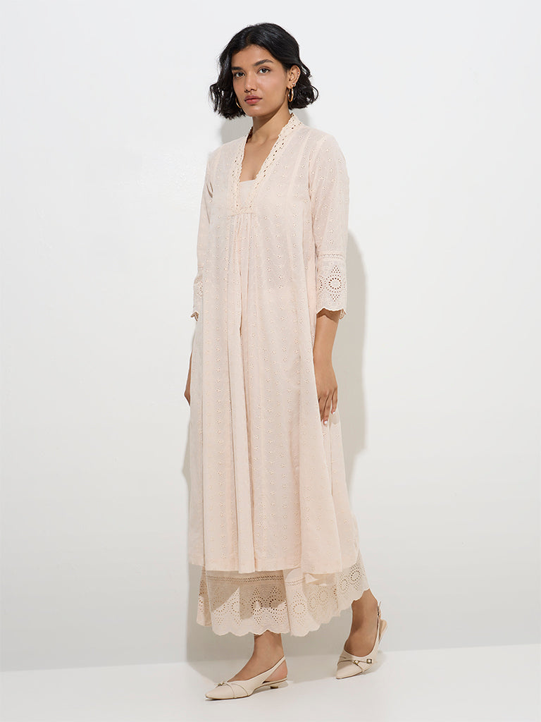 Westside Zuba Women's Beige Schiffli Detailed Cotton Palazzos for Work Wear Full Model View