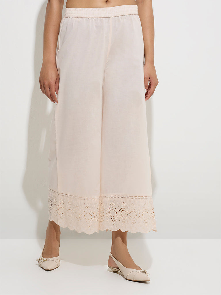 Westside Zuba Women's Beige Schiffli Detailed Cotton Palazzos for Work Wear Front View
