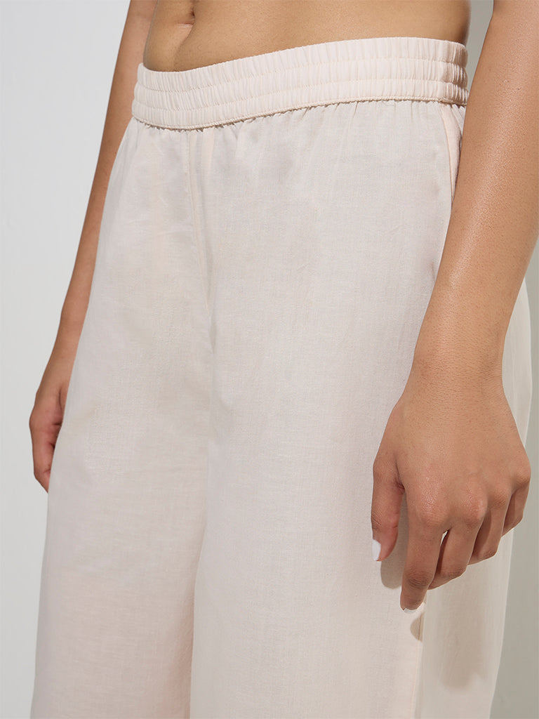 Westside Zuba Women's Beige Schiffli Detailed Cotton Palazzos for Work Wear Zoom View