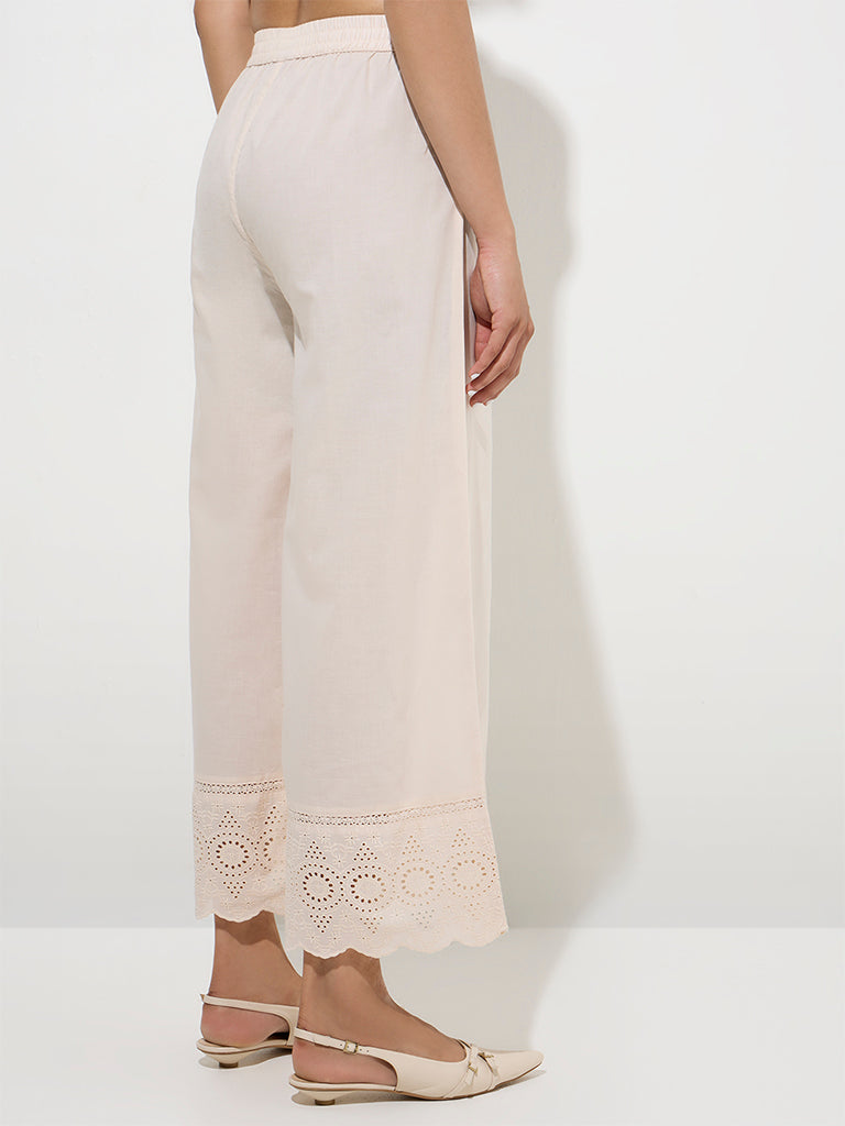 Westside Zuba Women's Beige Schiffli Detailed Cotton Palazzos for Work Wear Back View