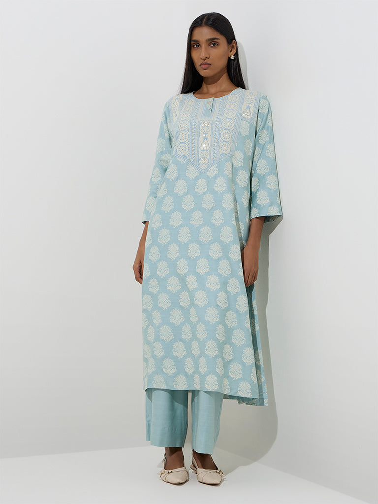 Zuba Dusty Blue Floral Pattern Straight Kurta
