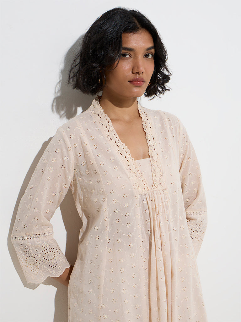 Zuba Beige Schiffli Design Cotton A-Line Kurta