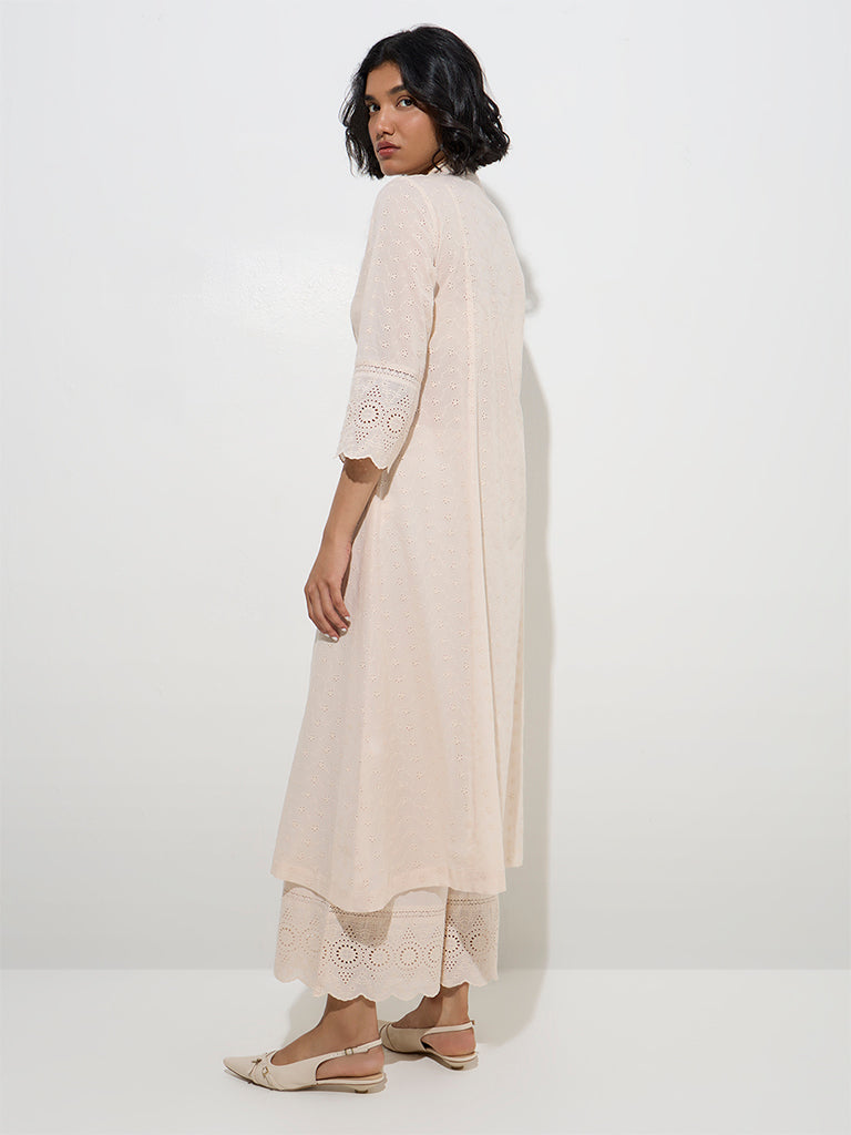 Westside Zuba Women's Beige Schiffli Design Cotton A-Line Kurta for Work Wear Back View