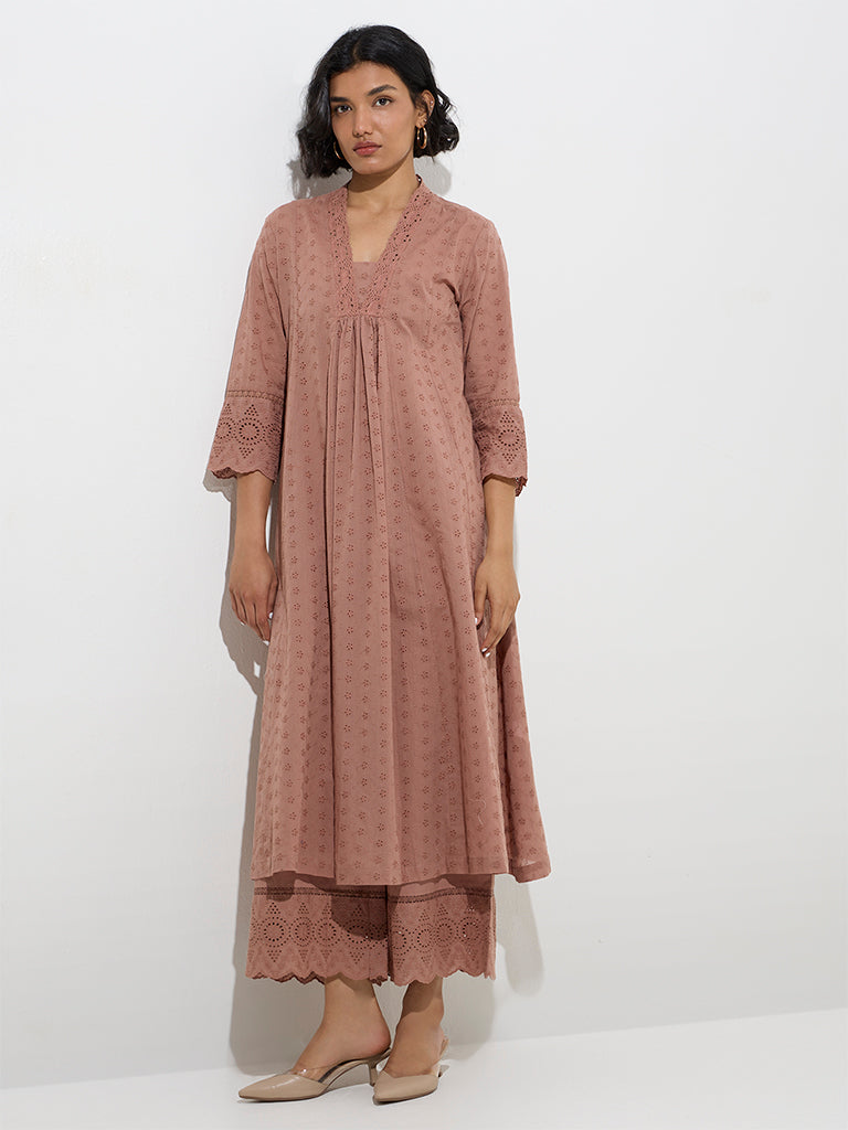 Zuba Dusty Pink Schiffli Design Cotton A-Line Kurta