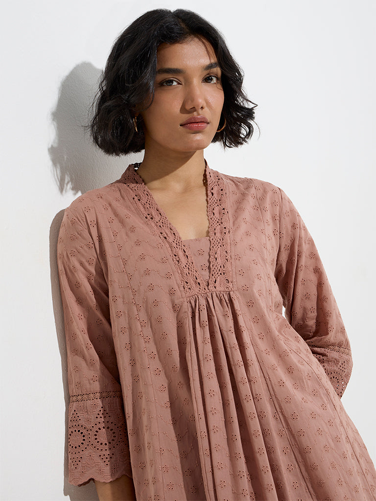 Zuba Dusty Pink Schiffli Design Cotton A-Line Kurta
