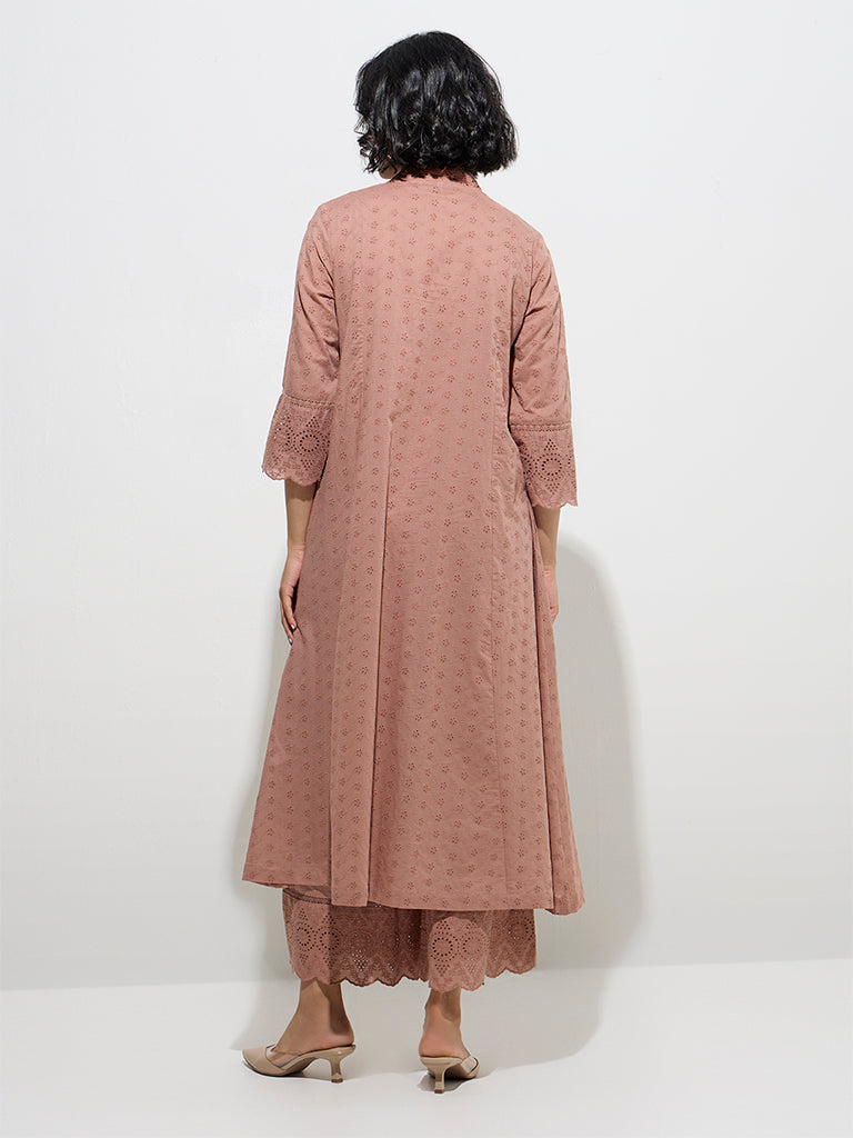 Westside Zuba Women's Dusty Pink Schiffli Design Cotton A-Line Kurta for Work Wear Back View