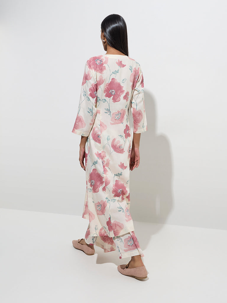 Westside Zuba Women's Dusty Pink Floral Design A-Line Cotton-Blend Kurta for Work Wear Back View