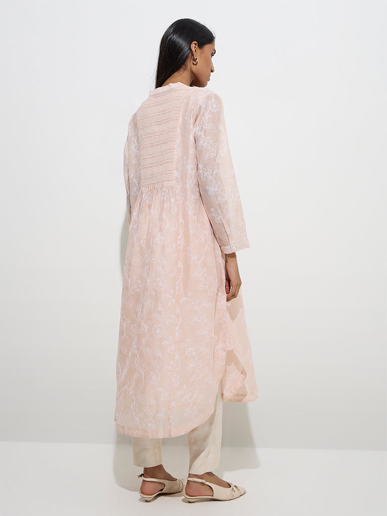 Westside Zuba Women's Dusty Peach Embroidered A-Line Cotton-Blend Kurta for Work Wear Back View