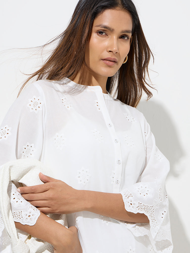 Zuba White Cut Work-Detailed Linen-Blend A-Line Kurta