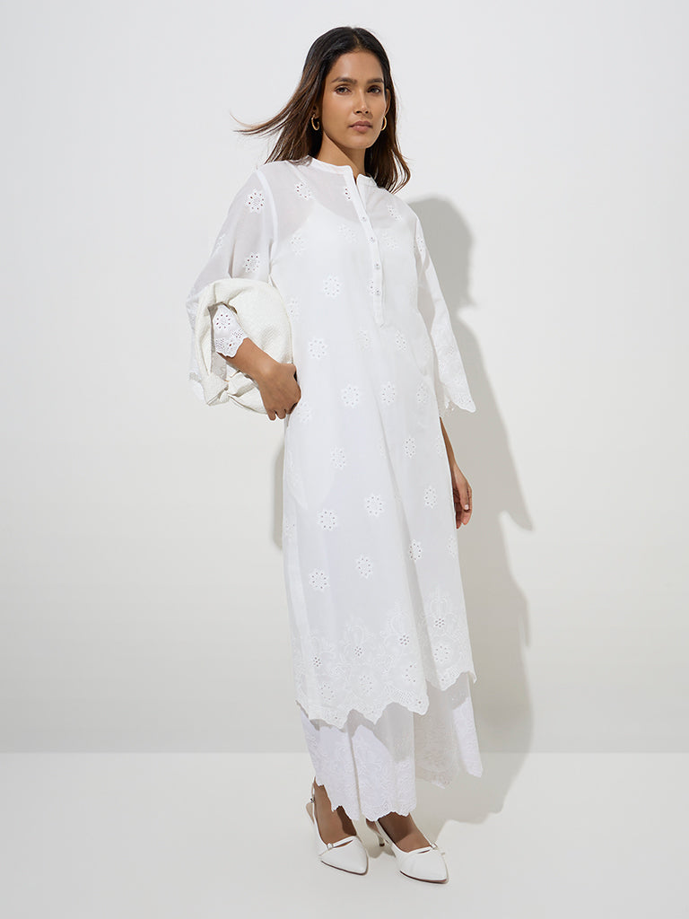 Zuba White Cut Work-Detailed Linen-Blend A-Line Kurta