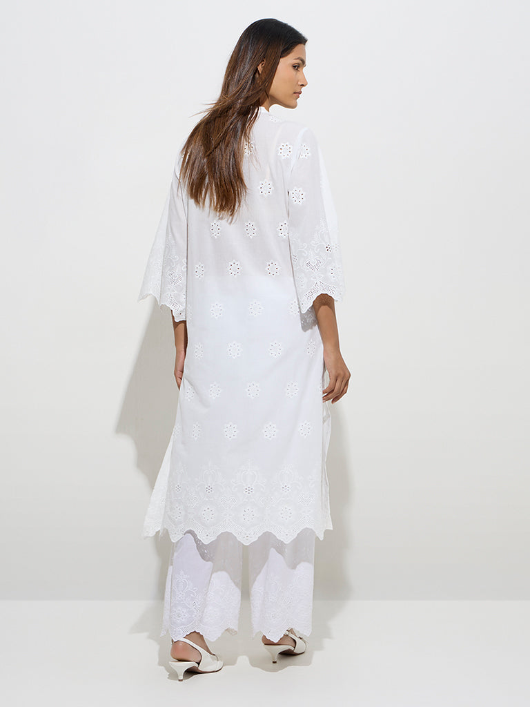 Zuba White Cut Work-Detailed Linen-Blend A-Line Kurta
