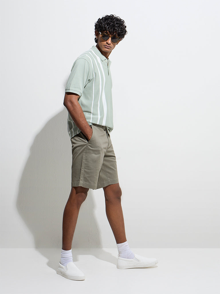 Buy WES Casuals Olive Relaxed-Fit Mid-Rise Cotton-Blend Shorts