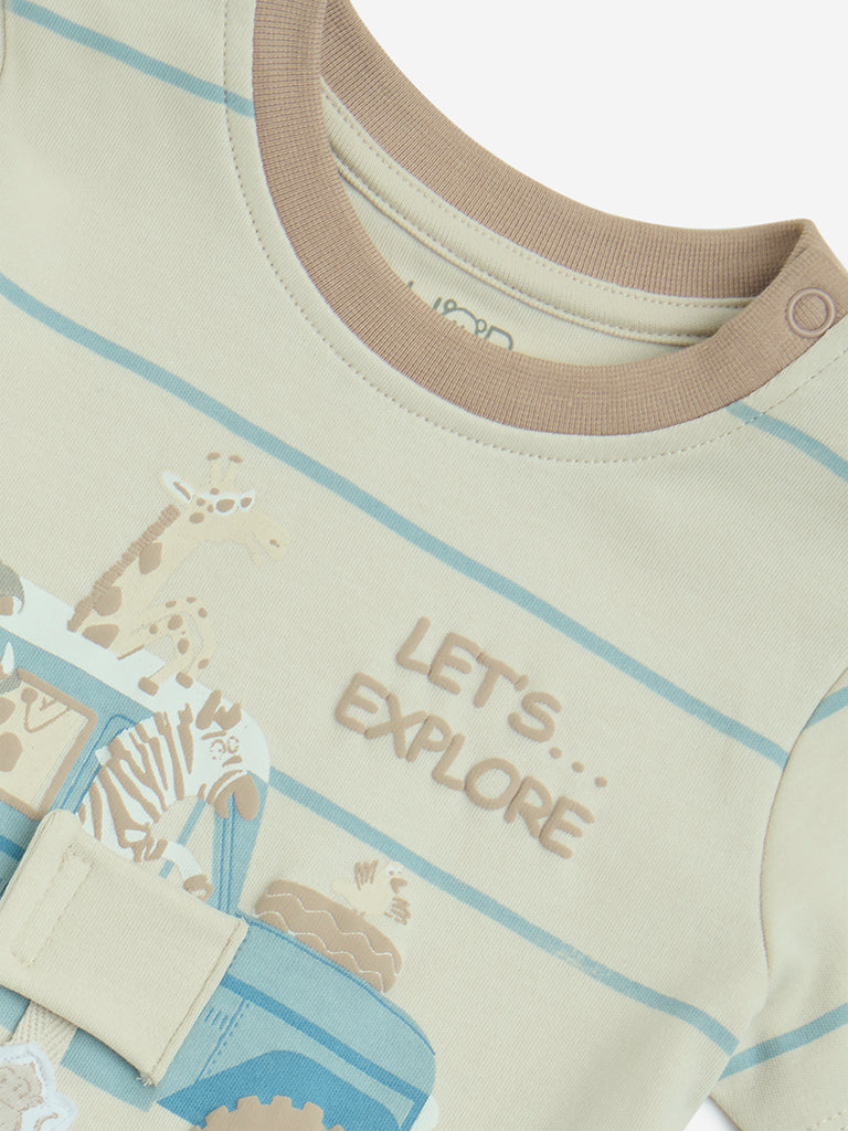 Westside HOP Baby Boys' Beige Striped Cotton T-Shirt for Casual Wear Zoom View