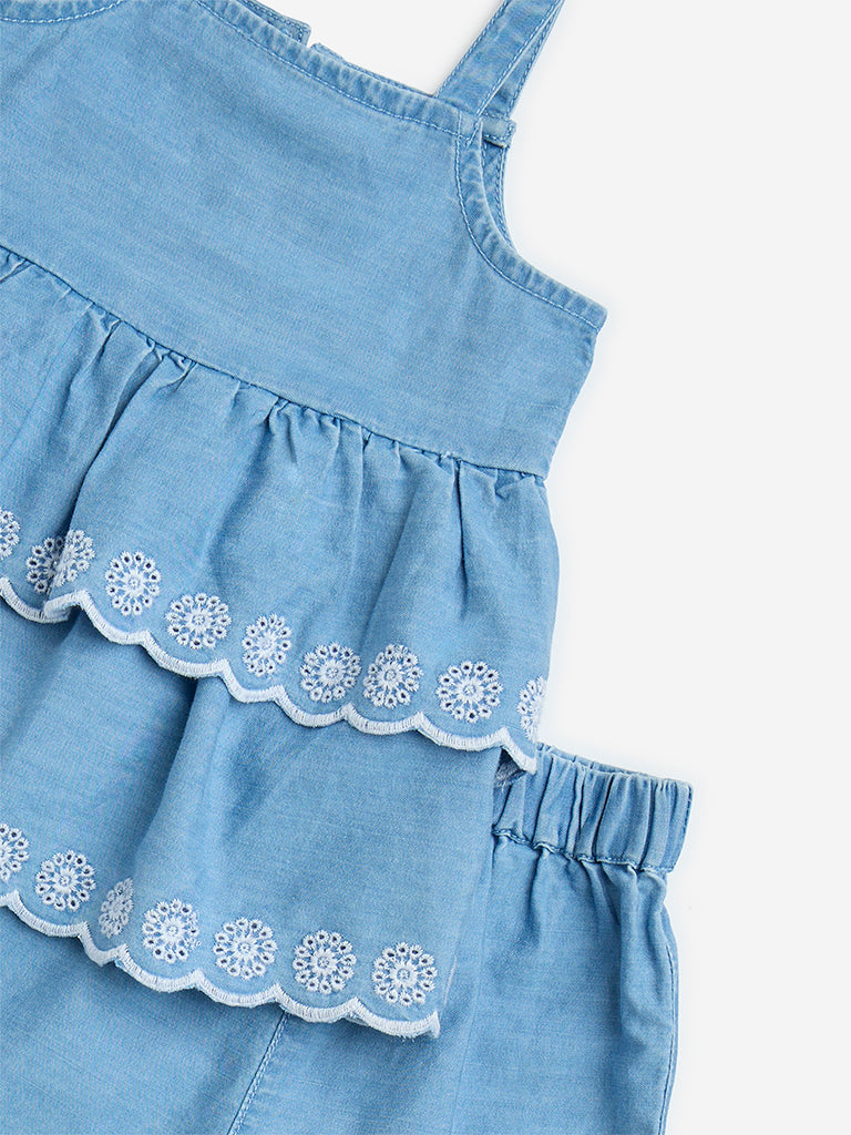 Westside HOP Baby Girls' Blue Floral Embroidered Denim Top with Shorts Set for Casual Wear Zoom View