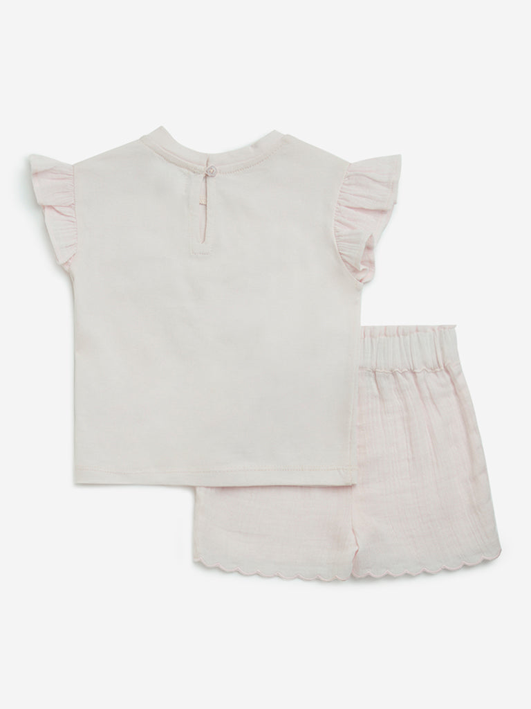 HOP Baby Pink Embroidered Cotton Top and Shorts Set