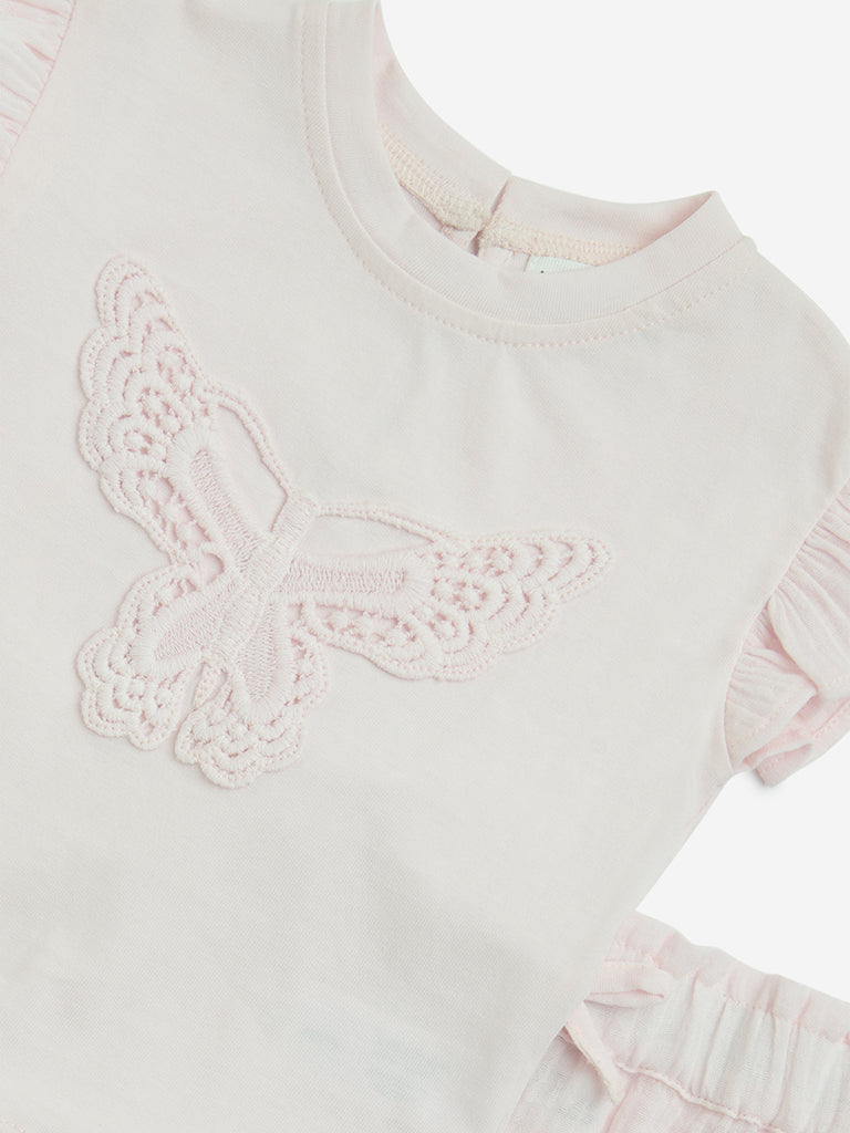 HOP Baby Pink Embroidered Cotton Top and Shorts Set