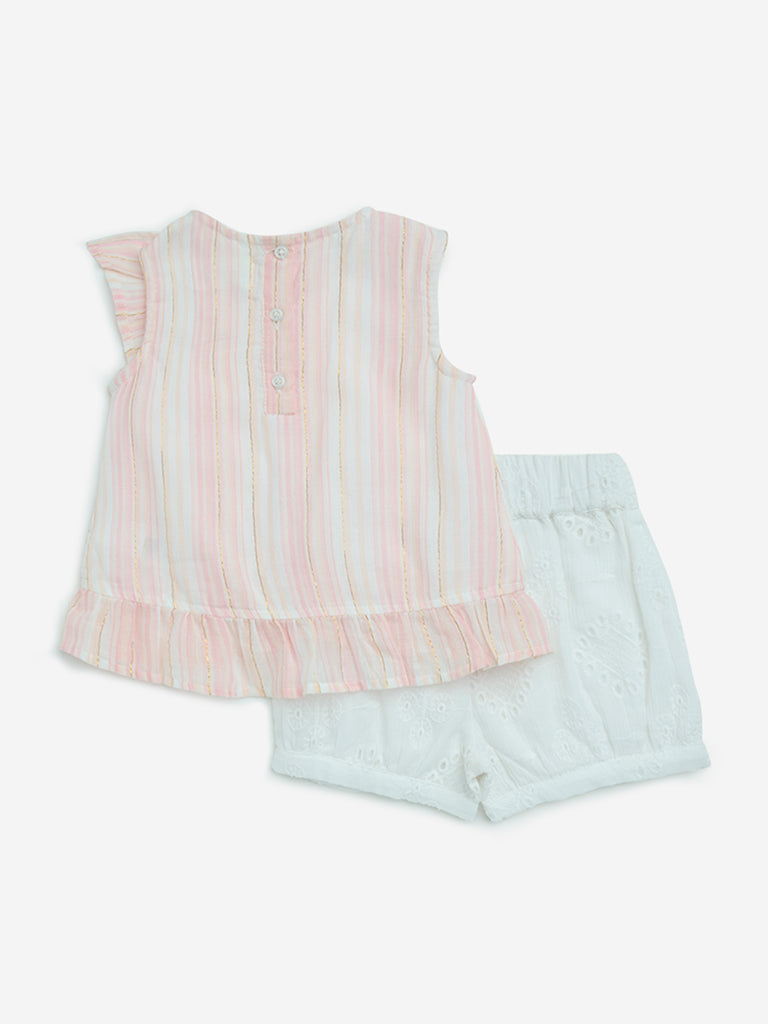 HOP Baby Pink Striped Cotton-Blend Top and Shorts Set