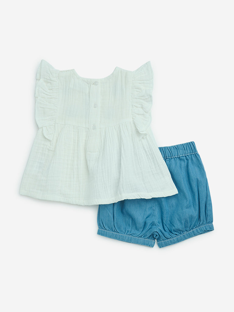 HOP Baby White Floral Embroidered Cotton Top and Shorts Set