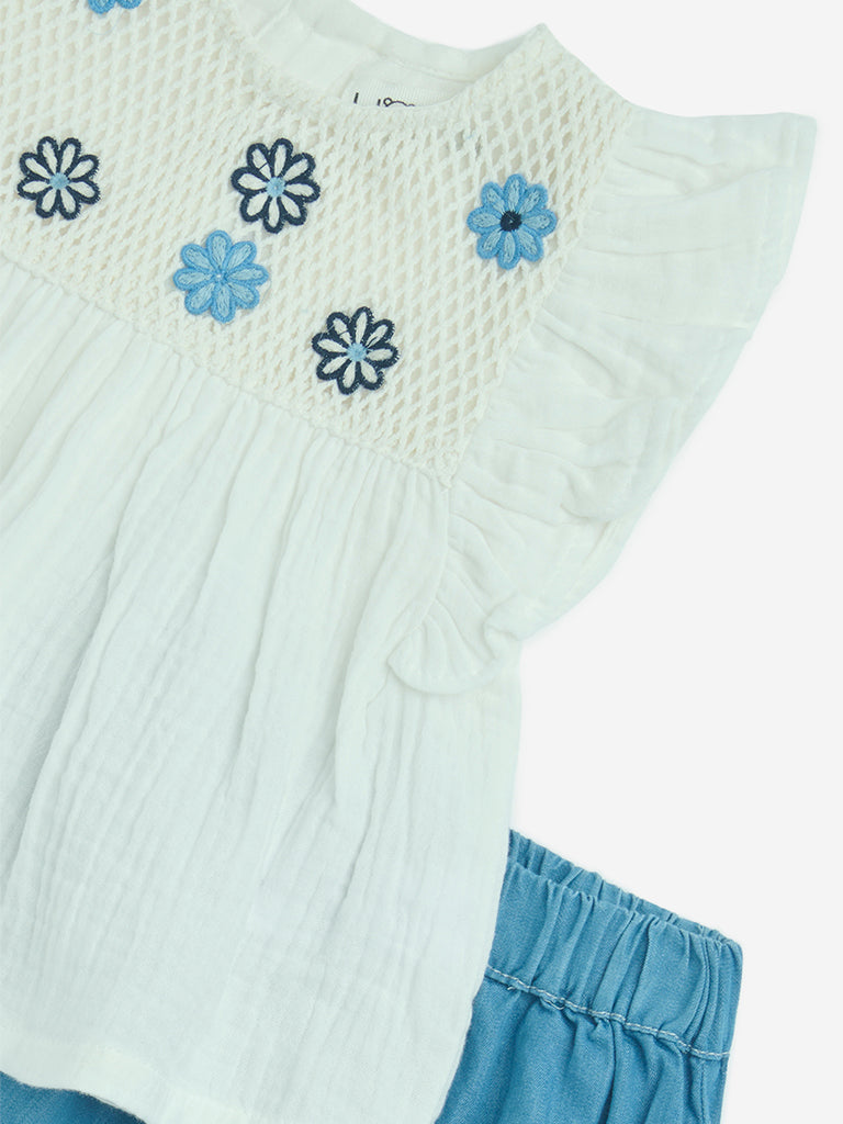 HOP Baby White Floral Embroidered Cotton Top and Shorts Set