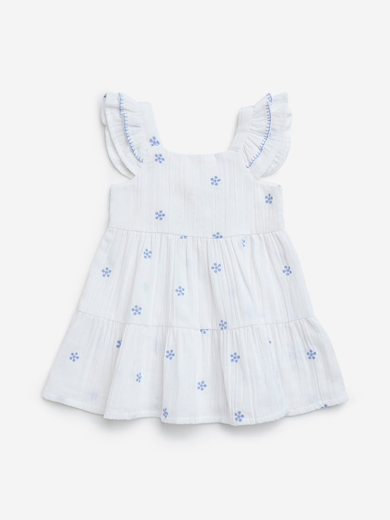 HOP Baby White Floral Design Cotton Tiered Dress