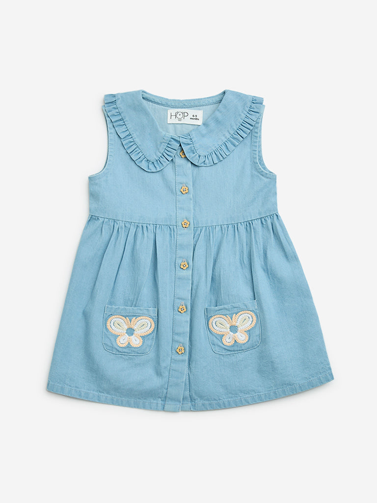 Westside HOP Baby Girls' Blue Embroidered Denim A-Line Dress for Casual Wear Front View