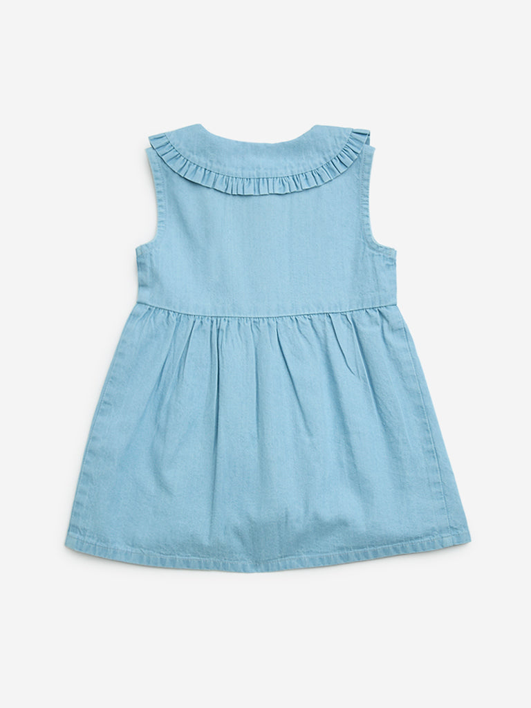 Westside HOP Baby Girls' Blue Embroidered Denim A-Line Dress for Casual Wear Back View