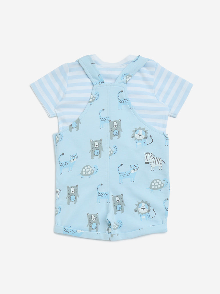 HOP Baby Blue Animal Printed Cotton T-Shirt with Dungaree Set