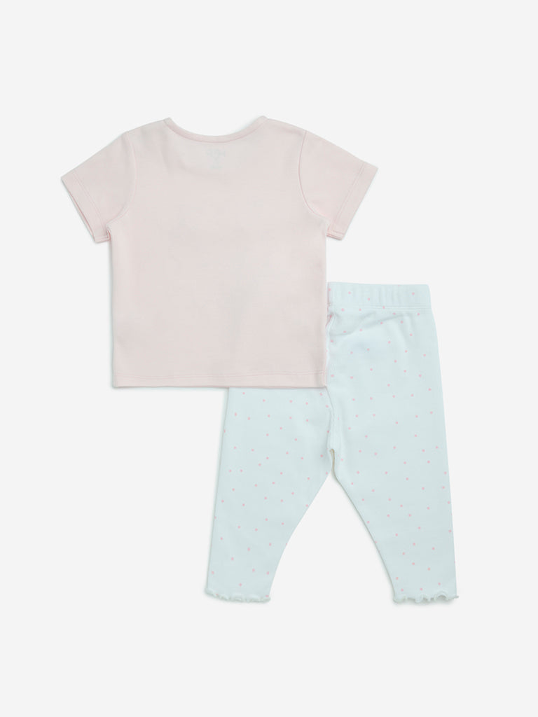 HOP Baby Pink Printed Cotton T-Shirt and Pants Set