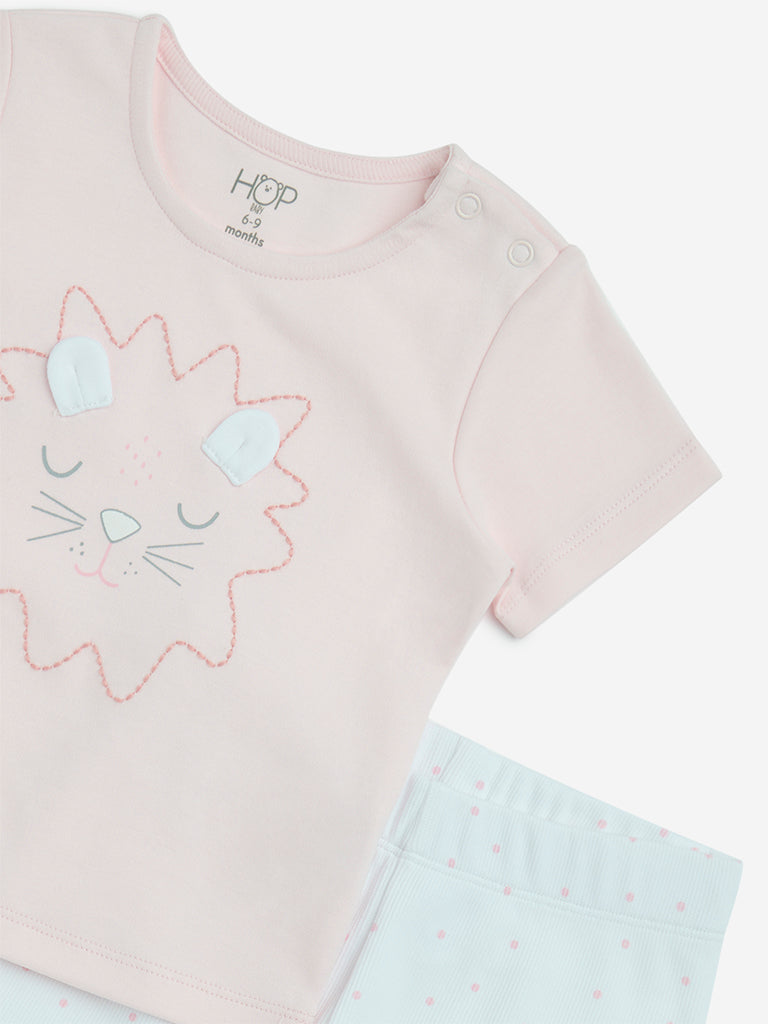 HOP Baby Pink Printed Cotton T-Shirt and Pants Set