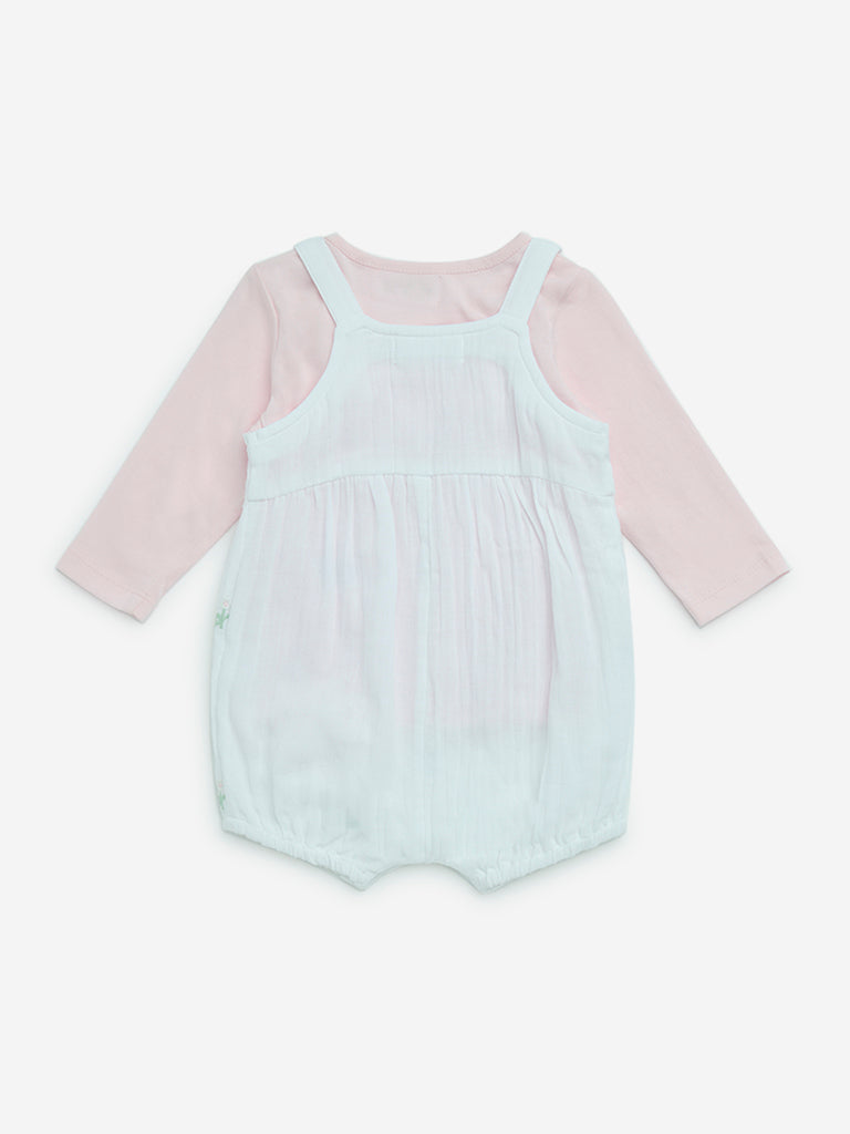 HOP Baby White Embroidered Cotton Dungaree with T-Shirt Set