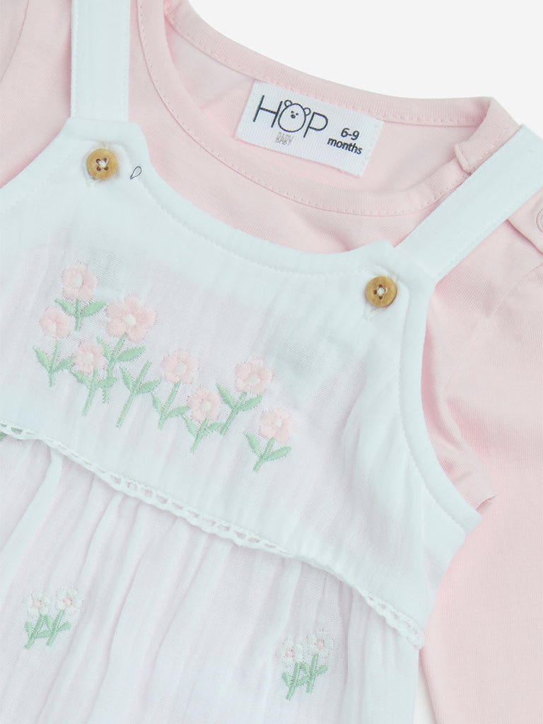 HOP Baby White Embroidered Cotton Dungaree with T-Shirt Set