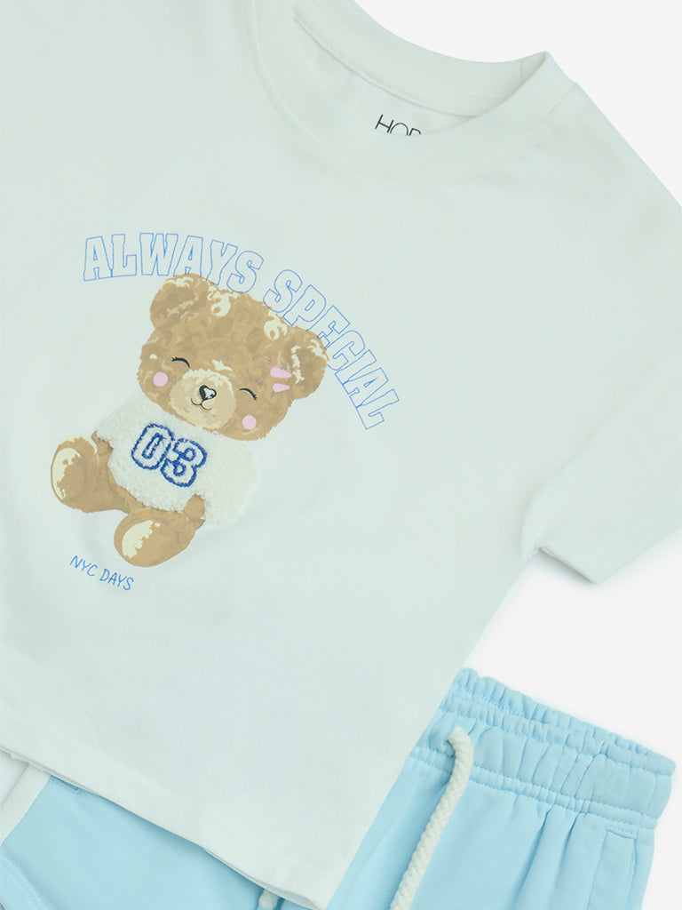 Westside HOP Girls' Kids Light Blue Cotton-Blend T-Shirt and Shorts Set for Casual Wear Zoom View