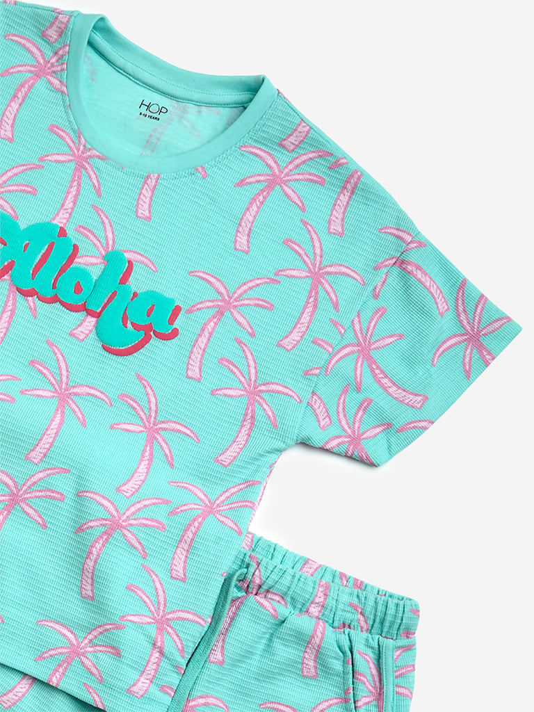 Westside HOP Girls' Kids Turquoise Cotton-Blend T-Shirt with Shorts Set for Casual Wear Zoom View