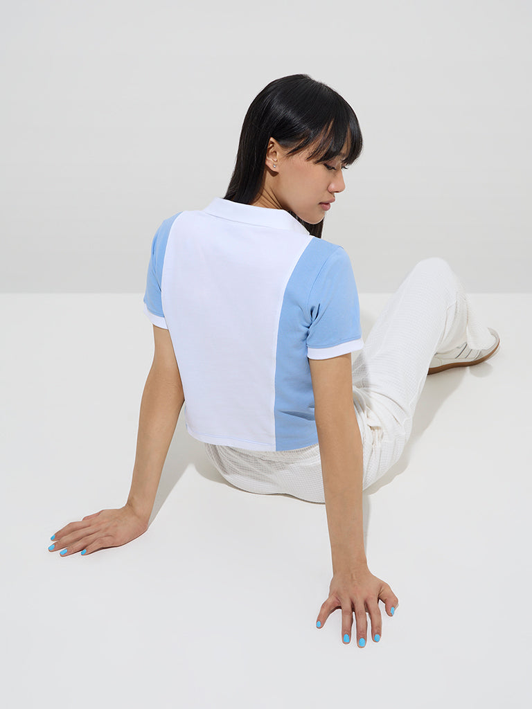 Westside Studiofit Women's Blue Text Design Cotton T-Shirt for Sports Wear Back View