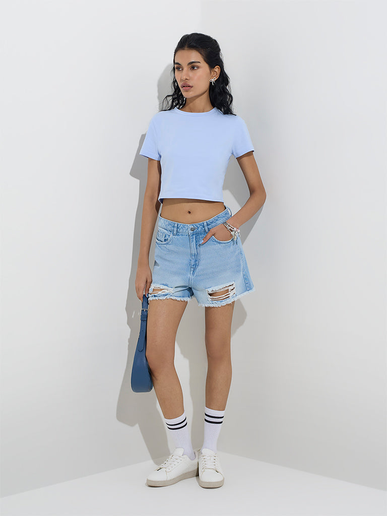 Buy Nuon Blue Distressed Mid-Rise Denim Shorts from Westside