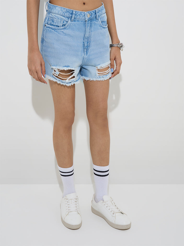 Nuon Blue Distressed Mid-Rise Denim Shorts